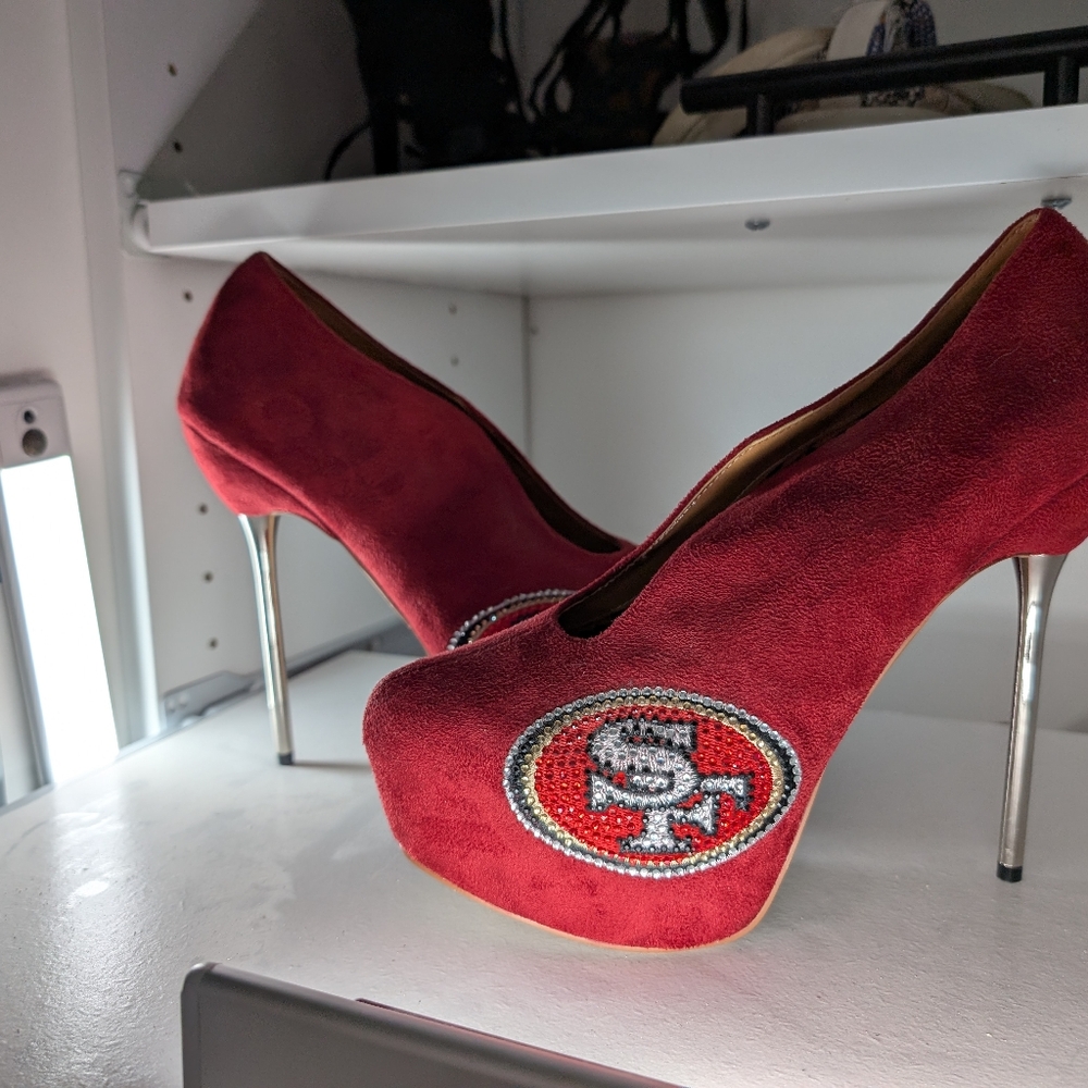 Red Suede SF 49ers Glittery Logo Spike Heels With Scalloped Edges